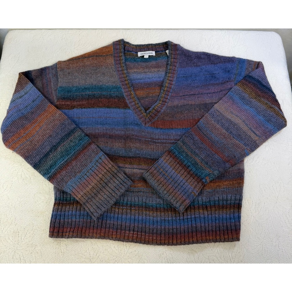 Veronica Beard V-Neck Sweater Ocean Multi Striped Wool Blend Size L